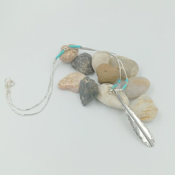Sterling Silver Feather ~ Turquoise and Liquid Silver - Picture 3 of 12